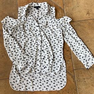 Women's White Cat Print Open Shoulder Top